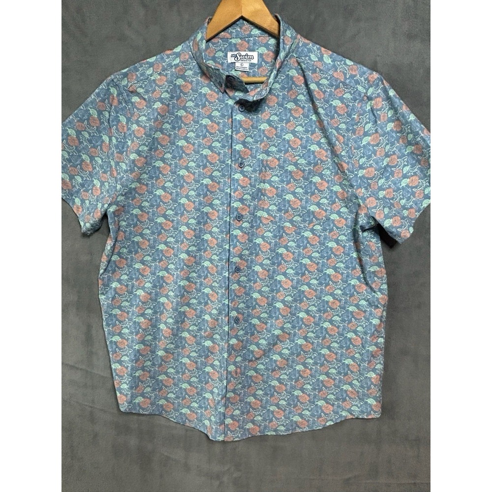 Mr. Swim Shirt Teal Blue With Colorful Fish Button Up Short Sleeve Size Large